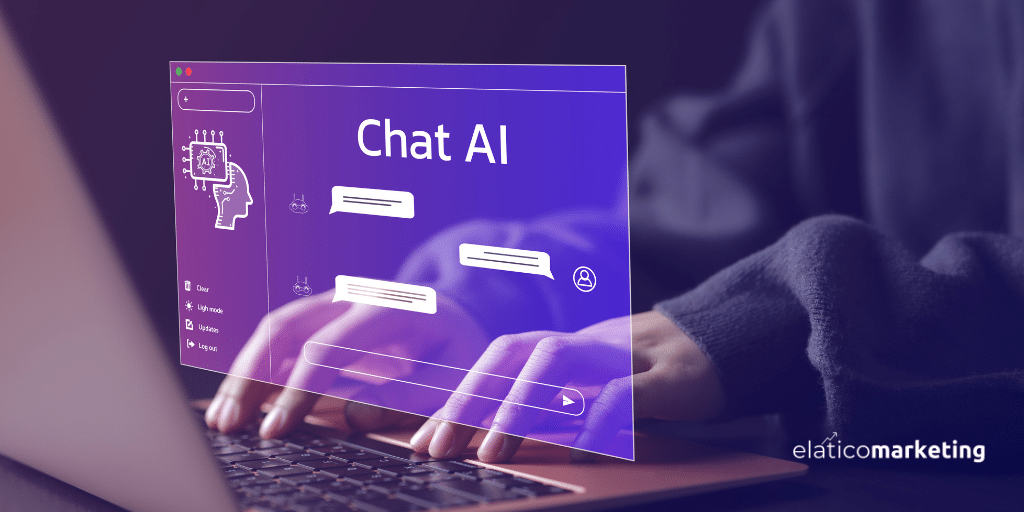 persona tecleando sobre un portátil mientras se proyecta una conversación con una inteligencia artificial por chat