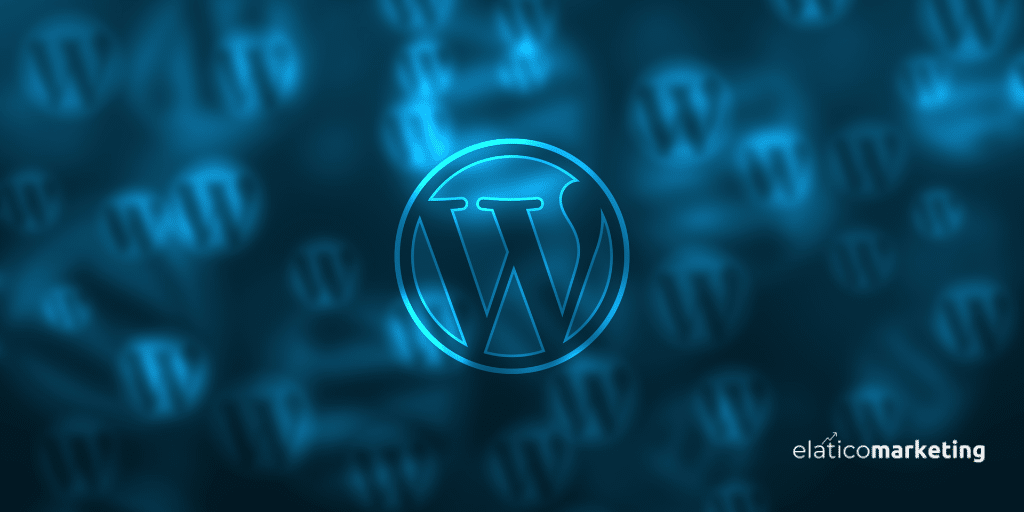 imagen con fondo azul y tonos negros en el que se observa en su centro el logo de Wordpress