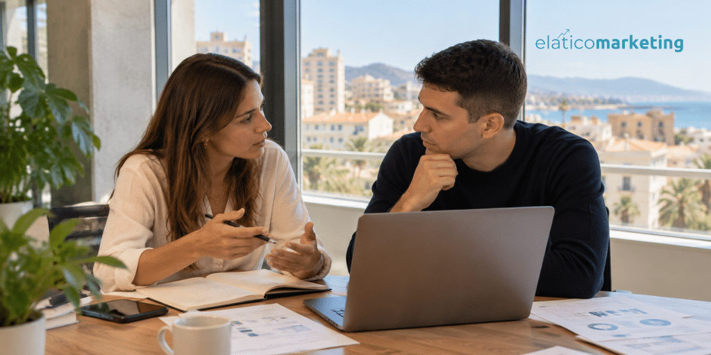 Dos personas jovenes debatiendo sobre la mejor forma de hacer una campaña de Google Ads para la recta final del año, teniendo en cuenta el Black Friday y la Navidad. Debaten en una oficina iluminada con vistas a una ciudad costera, distinguiéndose edificios y parte de la playa de la ciudad. El Ático Marketing